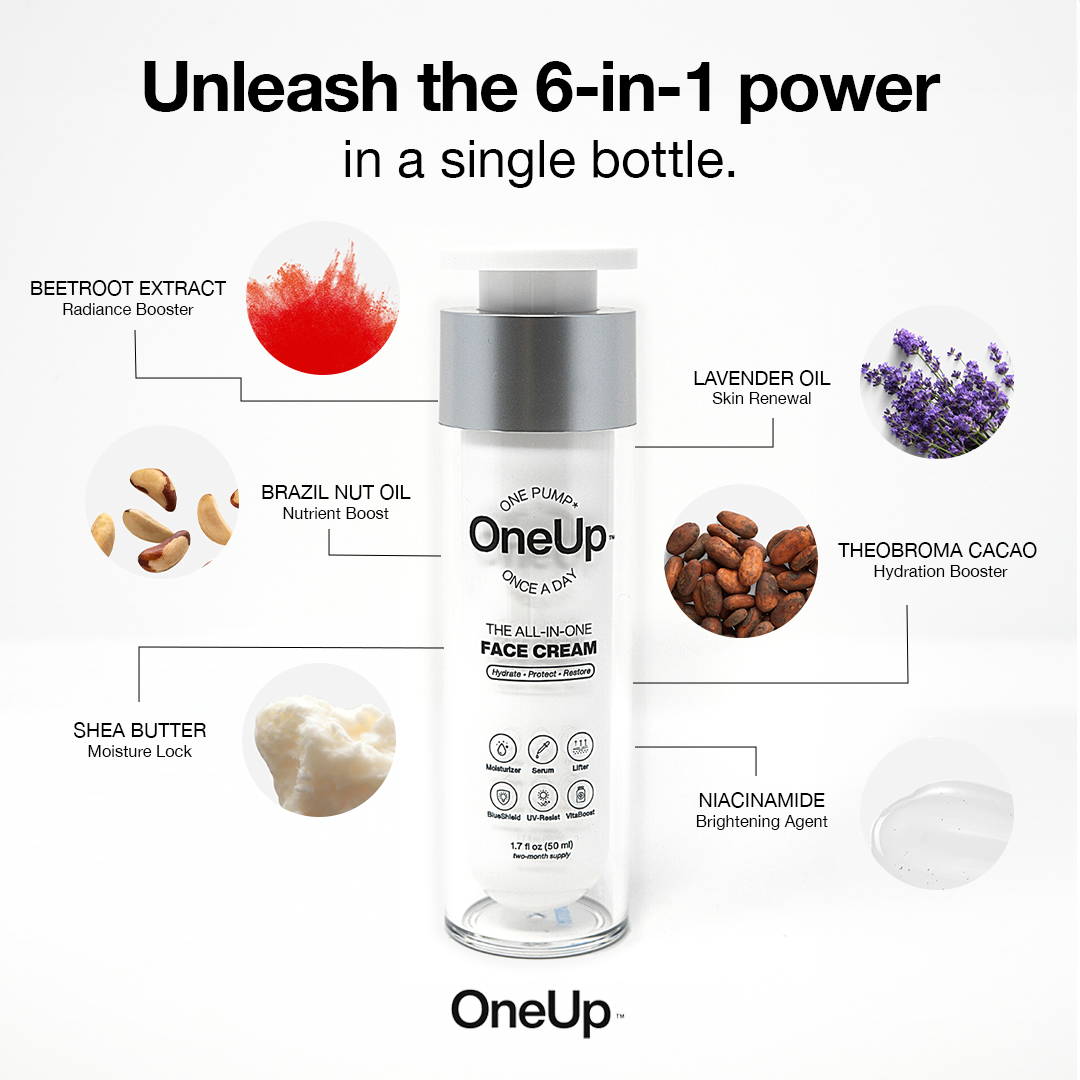 OneUp 6-in-1 face cream with beetroot extract, shea butter, brazil nut oil, lavender oil, cacao, and niacinamide.
