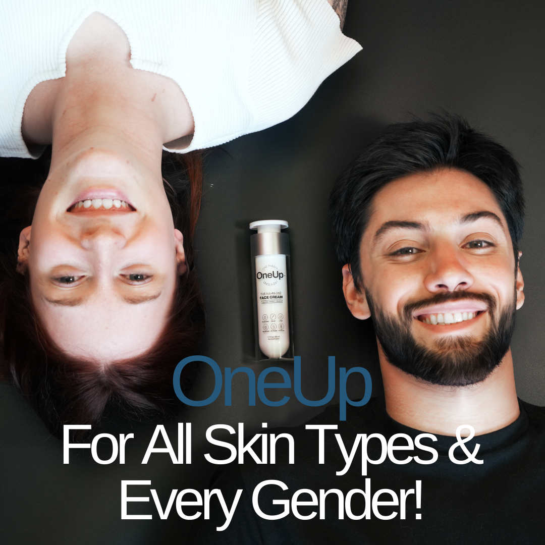 OneUp all-in-one face cream for all skin types and genders. Promotes healthy skin. Visible on dark background between two smiling faces.