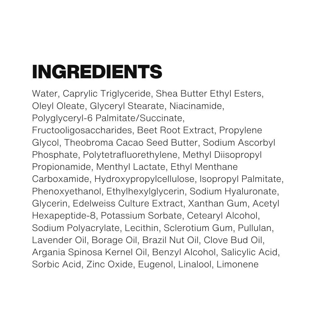Ingredients list including water, shea butter, niacinamide, beet root extract, lavender oil, and argania spinosa kernel oil.