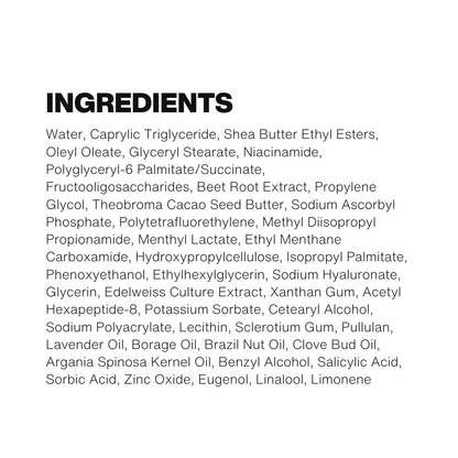 Ingredients list including water, shea butter, niacinamide, beet root extract, lavender oil, and argania spinosa kernel oil.